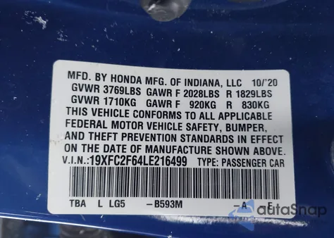 2020 Honda Civic Lx из США, поврежденный, VIN 19XFC2F64LE216499